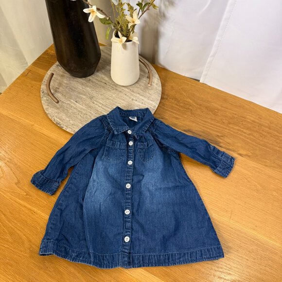 Old Navy 6-12m Girls Denim long sleeve Button Down Dress w/ pocket + Red tights - Picture 3 of 11